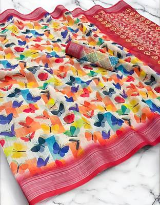 Multicolor leaf digital printed linen cotton saree 2