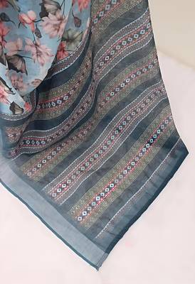 Grey leaf digital printed linen cotton saree 4