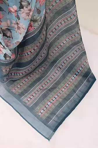 Grey leaf digital printed linen cotton saree