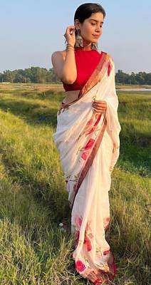 White leaf digital printed linen cotton saree 3