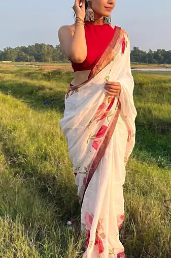 White leaf digital printed linen cotton saree