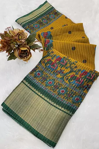Yellow woven ikat art silk saree with blouse