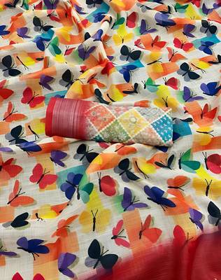 Multicolor leaf digital printed linen cotton saree 3