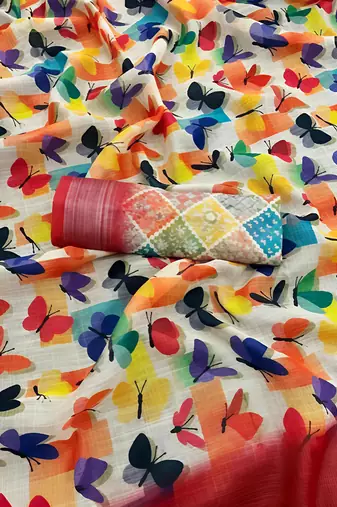 Multicolor leaf digital printed linen cotton saree