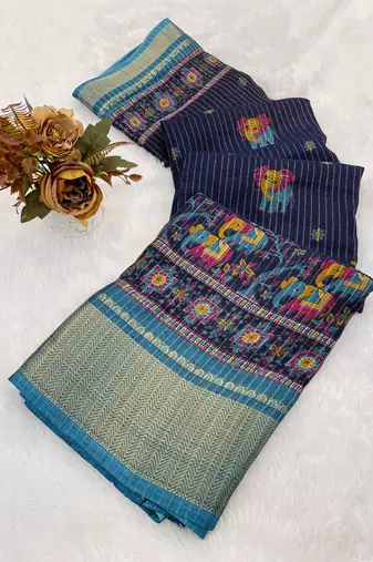 Navy blue wovan ikat art silk saree with blouse
