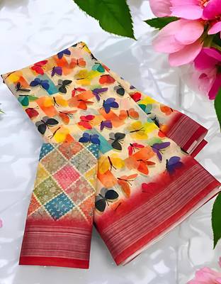Multicolor leaf digital printed linen cotton saree 4