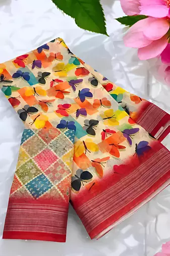 Multicolor leaf digital printed linen cotton saree