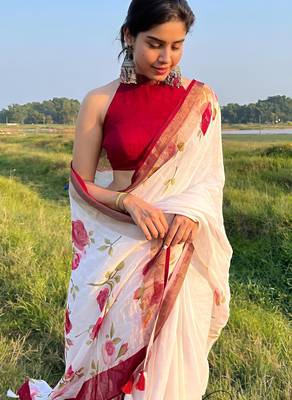 White leaf digital printed linen cotton saree 4