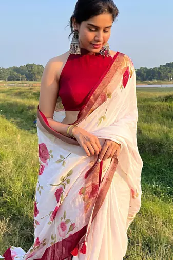 White leaf digital printed linen cotton saree