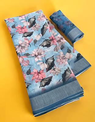 Grey leaf digital printed linen cotton saree 5