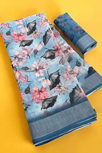 Grey leaf digital printed linen cotton saree