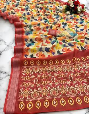 Multicolor leaf digital printed linen cotton saree 5
