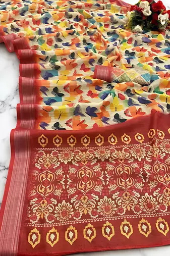 Multicolor leaf digital printed linen cotton saree
