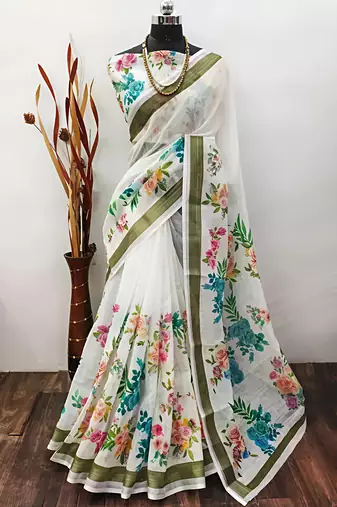 White leaf digital printed linen cotton saree