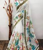 White leaf digital printed linen cotton saree