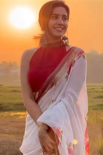 White leaf digital printed linen cotton saree