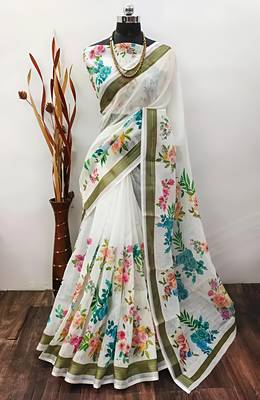 White leaf digital printed linen cotton saree 2