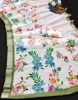 White leaf digital printed linen cotton saree 3