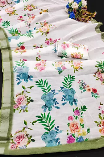 White leaf digital printed linen cotton saree