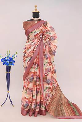 Multicolor colour leaf digital printed linen cotton saree 2