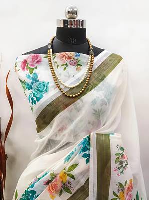 White leaf digital printed linen cotton saree 4