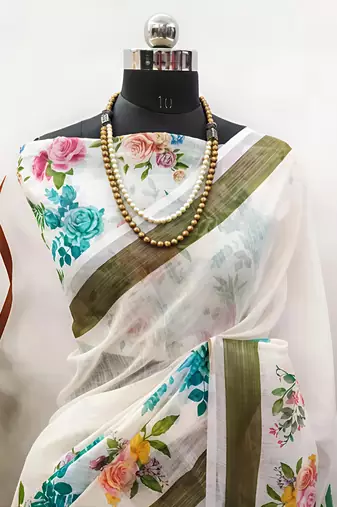 White leaf digital printed linen cotton saree