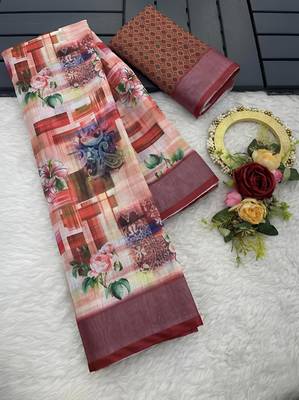 Multicolor colour leaf digital printed linen cotton saree 3