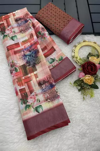 Multicolor colour leaf digital printed linen cotton saree