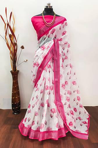 White leaf digital printed linen cotton saree