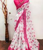 White leaf digital printed linen cotton saree