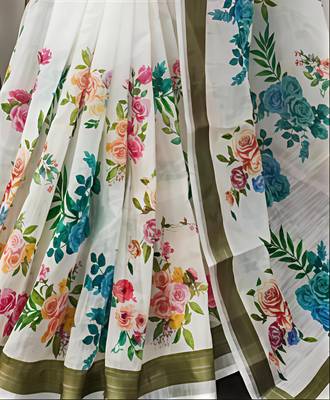 White leaf digital printed linen cotton saree 5