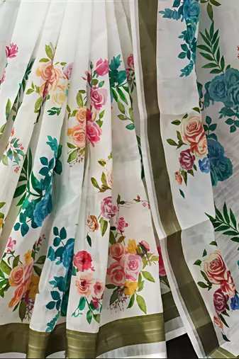 White leaf digital printed linen cotton saree