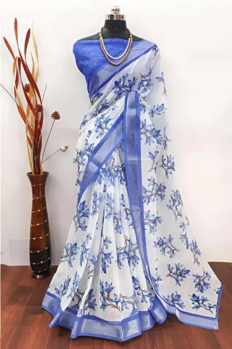 White leaf digital printed linen cotton saree