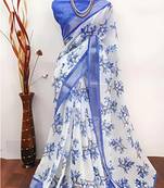 White leaf digital printed linen cotton saree