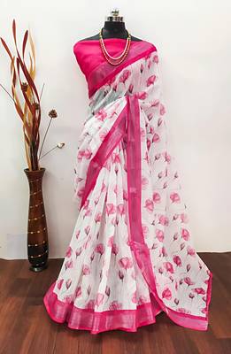 White leaf digital printed linen cotton saree 2