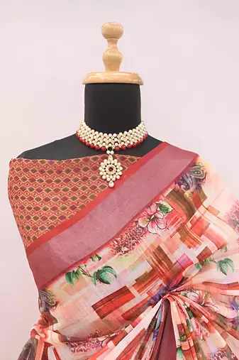 Multicolor colour leaf digital printed linen cotton saree