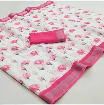 White leaf digital printed linen cotton saree 3