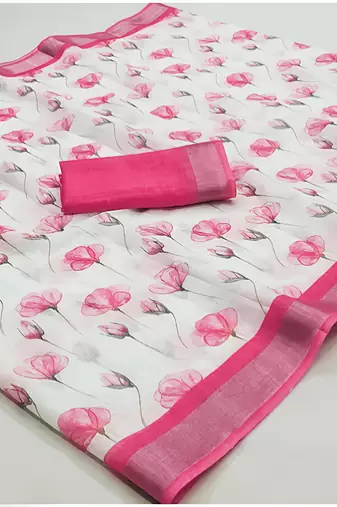 White leaf digital printed linen cotton saree
