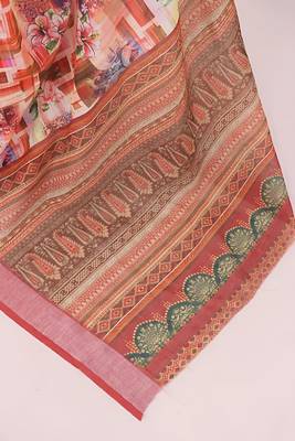 Multicolor colour leaf digital printed linen cotton saree 5