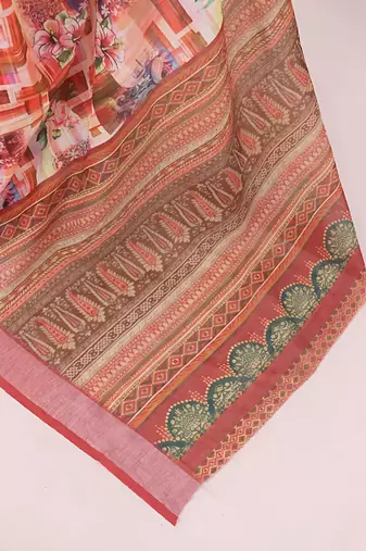 Multicolor colour leaf digital printed linen cotton saree