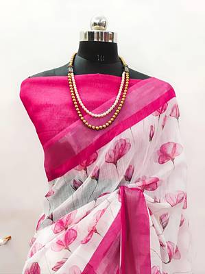 White leaf digital printed linen cotton saree 4