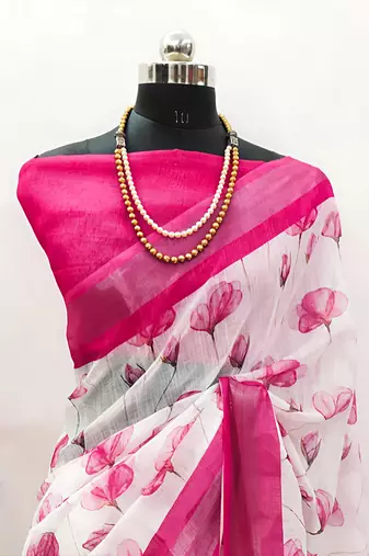 White leaf digital printed linen cotton saree