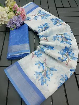 White leaf digital printed linen cotton saree 3
