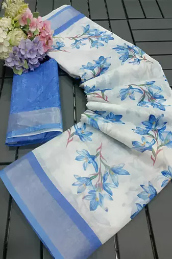 White leaf digital printed linen cotton saree