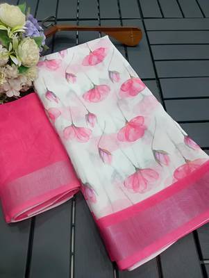 White leaf digital printed linen cotton saree 5