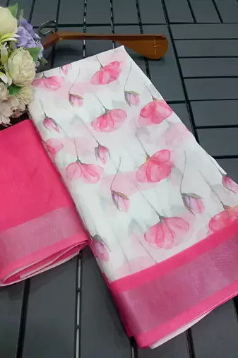 White leaf digital printed linen cotton saree