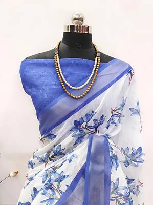 White leaf digital printed linen cotton saree 4