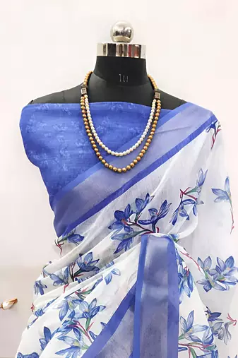 White leaf digital printed linen cotton saree