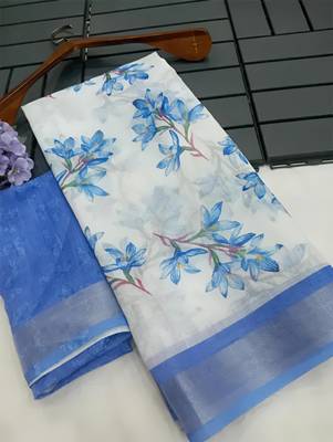 White leaf digital printed linen cotton saree 5
