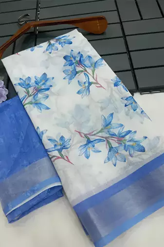 White leaf digital printed linen cotton saree
